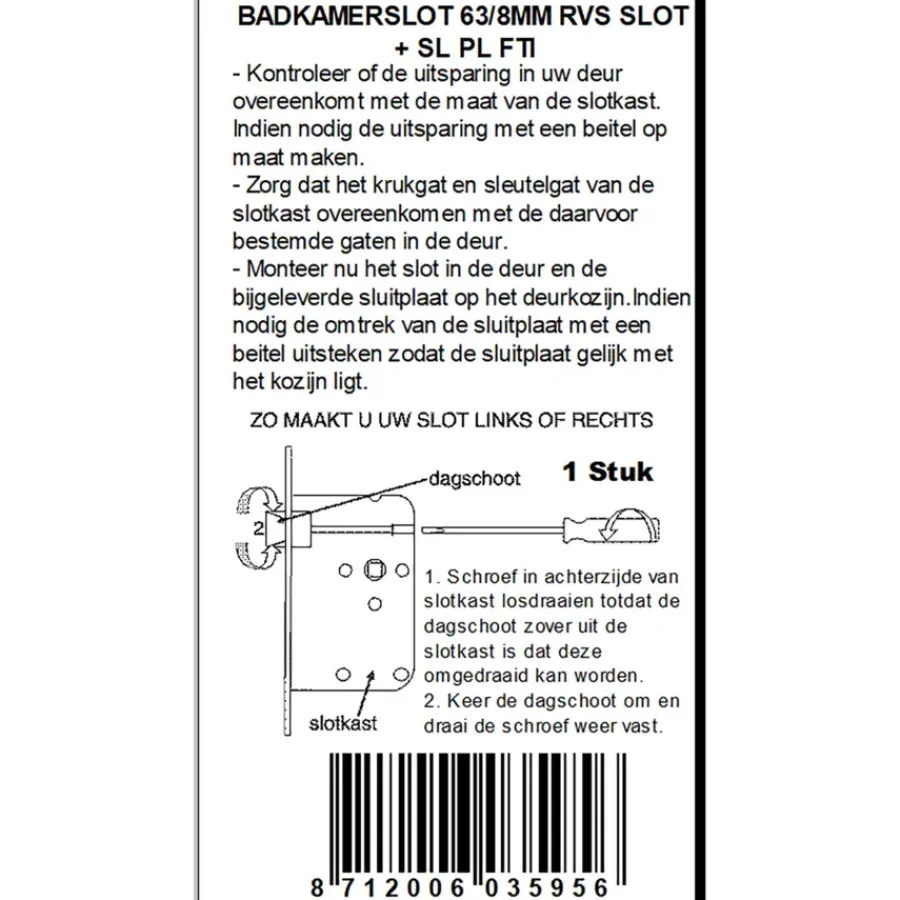 Deursloten|Cilinders > ATZ Insteekslot badkamerslot/wc-slot met RVS voorplaat Doorn 50mm