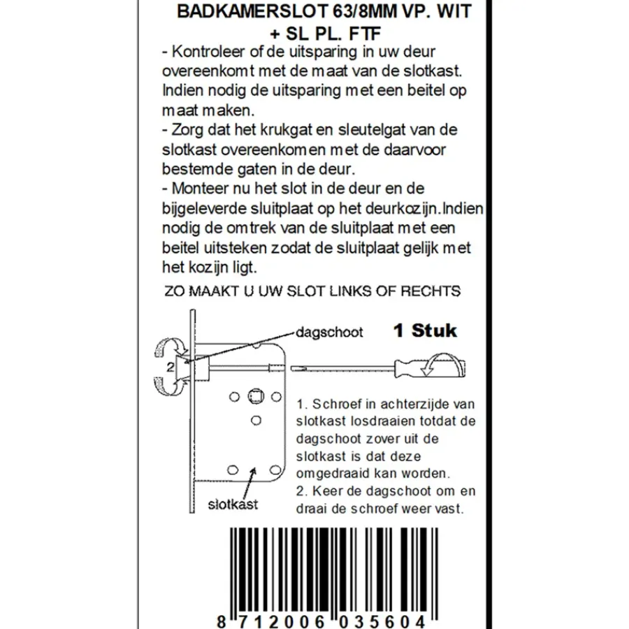 Deursloten|Cilinders > ATZ Insteekslot badkamerslot/wc-slot met witte voorplaat Doorn 50mm