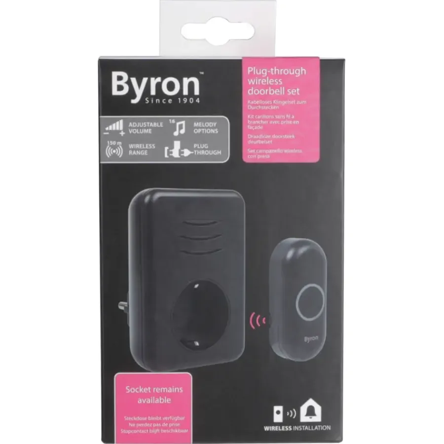 Intercoms & Deurbellen|Elektronische Beveiliging > Byron DBY-22353 Draadloze deurbelset plugin met stopcontact 150m zwart