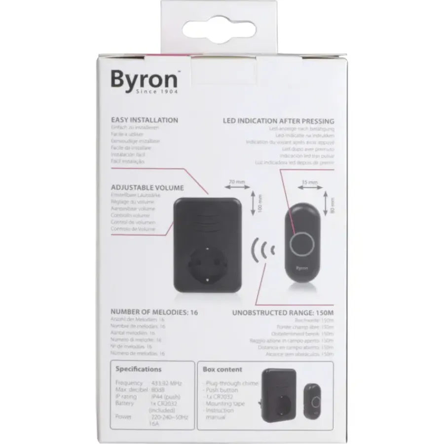 Intercoms & Deurbellen|Elektronische Beveiliging > Byron DBY-22353 Draadloze deurbelset plugin met stopcontact 150m zwart