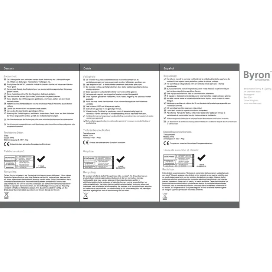 Intercoms & Deurbellen|Elektronische Beveiliging > Byron Transformator 7770 8 Volt 1Amp