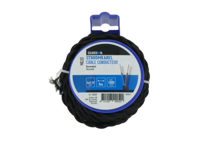 Stroomkabels > Handson Decoratief Snoer 2 x 0,75mm2 Zwart Gewikkeld 5 Meter