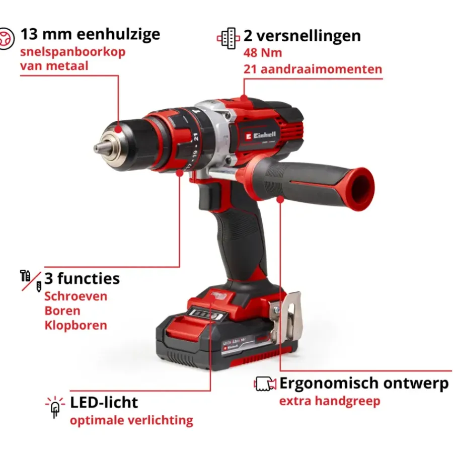Accuboormachines|Boormachines > EINHELL 18V klopboormachine TE-CD 18/48 LI incl. 2 accu's 2.0Ah + lader + koffer