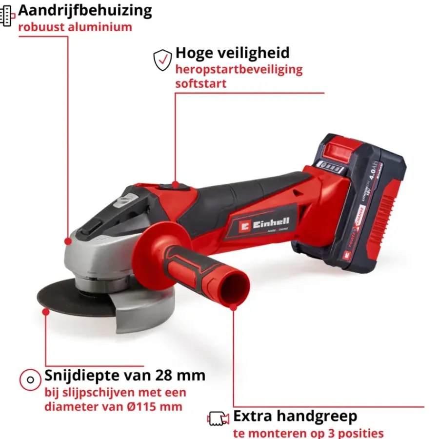Accu Haakse Slijper|Frees, Slijp & Schaafmachines > EINHELL 18V slijptol / haakse slijper 115mm TC-AG 18/115 LI incl 4.0Ah accu en lader