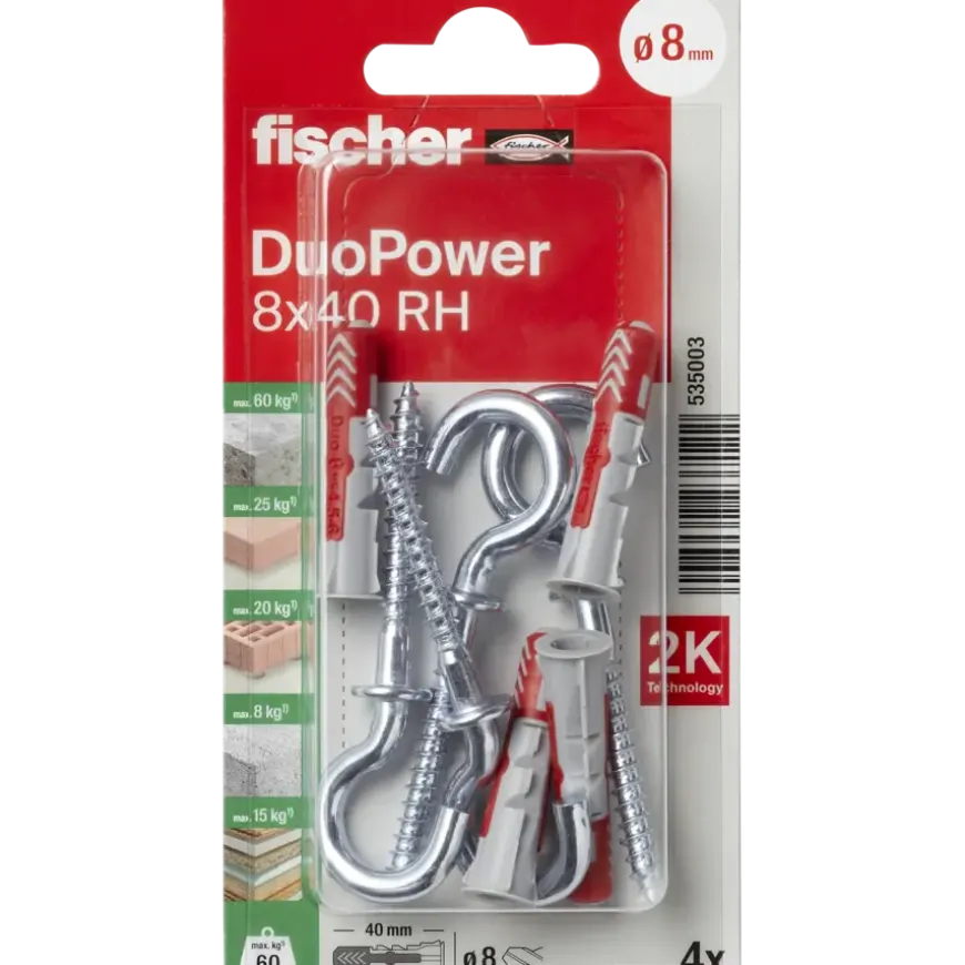 Fischer Universeelplug DuoPower 8x40mm met ronde haak 2 stuks