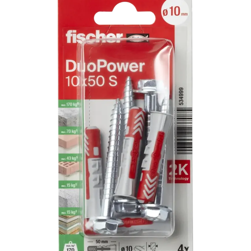 Fischer Universeelplug DuoPower 10x50mm met zeskantschroef 4 stuks