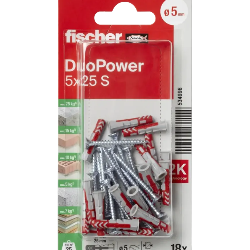 Fischer Universeelplug DuoPower 5x25mm met schroef 18 stuks