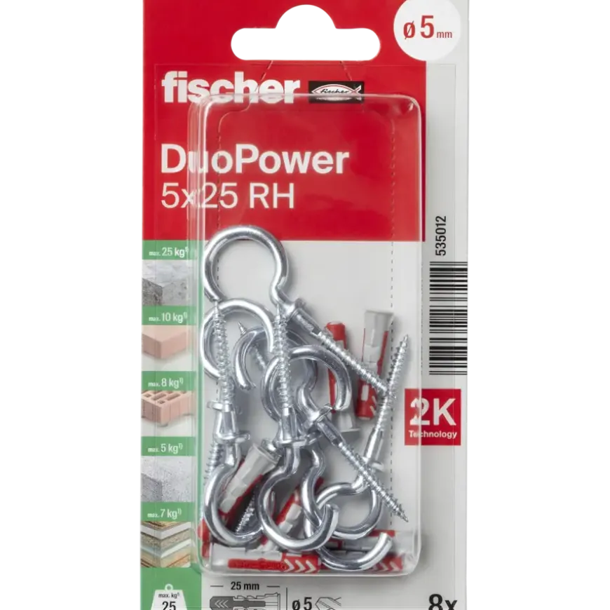Fischer Universeelplug DuoPower 5x25mm met schroefhaak 8 stuks