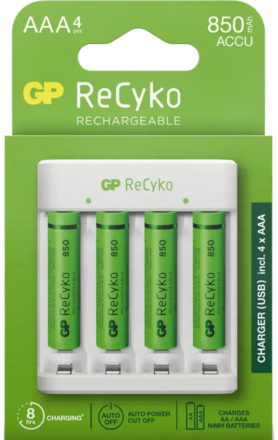 Batterijen|Oplaadbare Batterijen > GP Batterijlader 411 + 4x oplaadbare batterijen AAA 850mAh ReCyko + Micro USB-lader