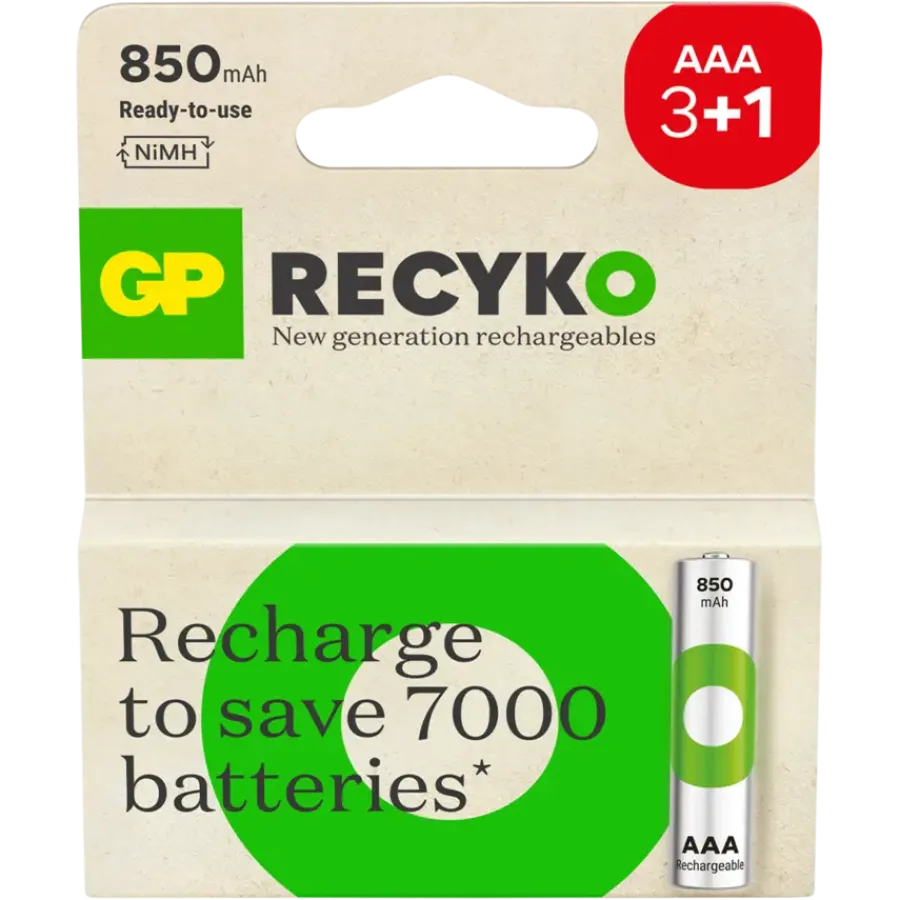 Batterijen|Oplaadbare Batterijen > GP Batterij Oplaadbaar AAA NiMH 850 mAh ReCyko 1,2V 4 stuks (3+1)