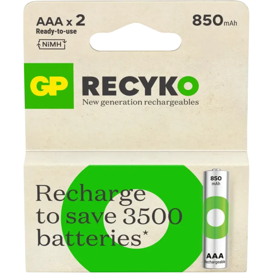 Batterijen|Oplaadbare Batterijen > GP Batterij Oplaadbaar AAA NiMH 850mAh ReCyko 1,2V 2 Stuks