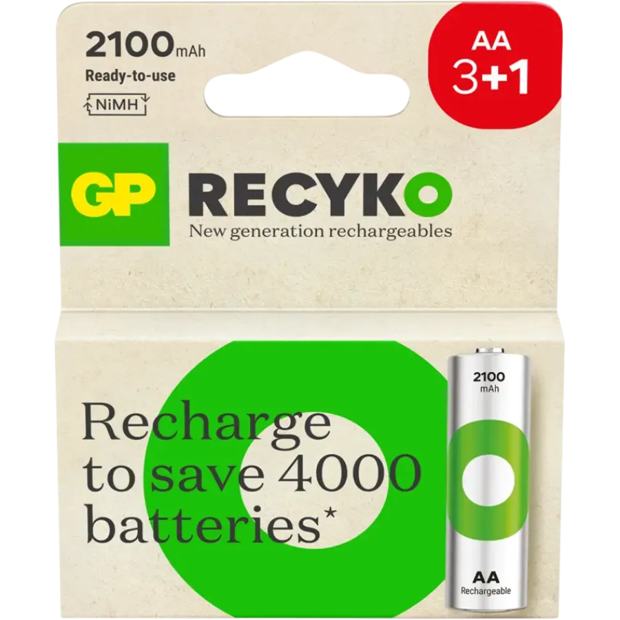 Batterijen|Oplaadbare Batterijen > GP Batterij Oplaadbaar AA NiMH 2100 mAh ReCyko 1,2V 4 stuks (3+1)