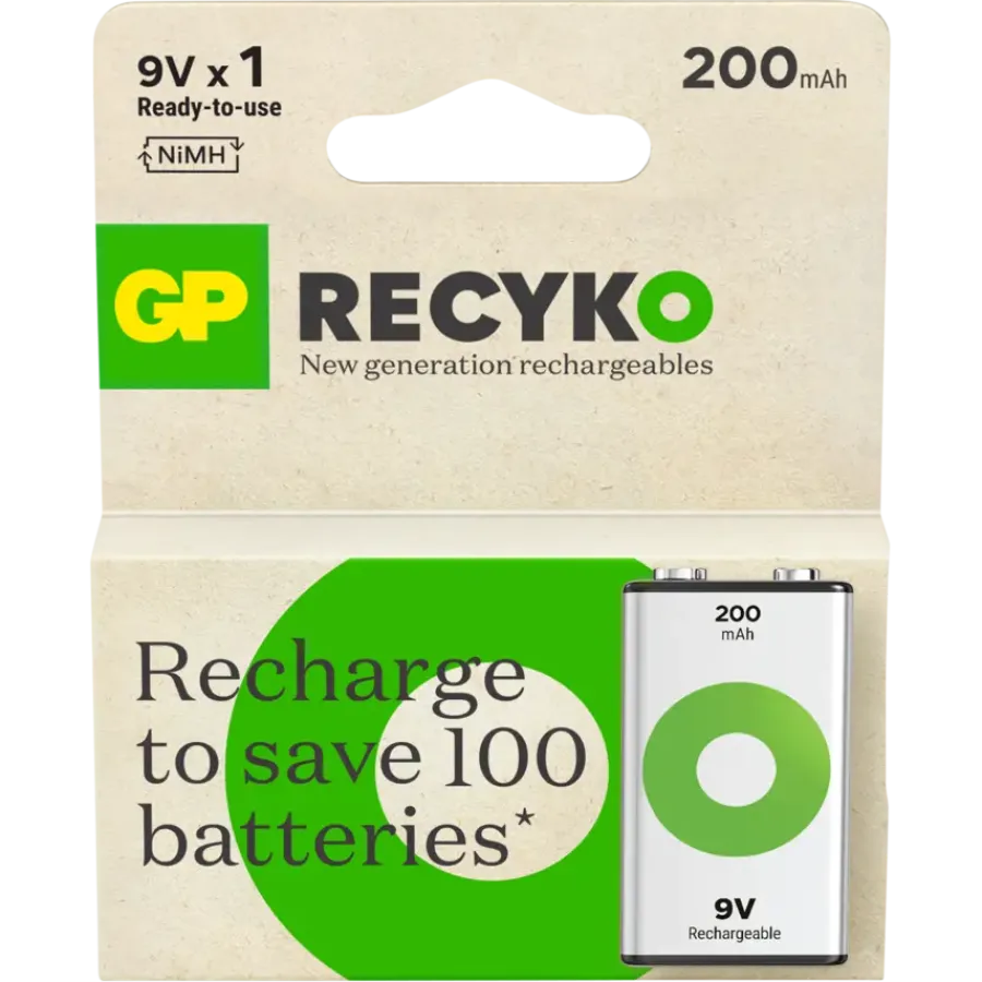 Batterijen|Oplaadbare Batterijen > GP Batterij Oplaadbaar 9V NiMH 200mAh ReCyko 8,4V 1 Stuk