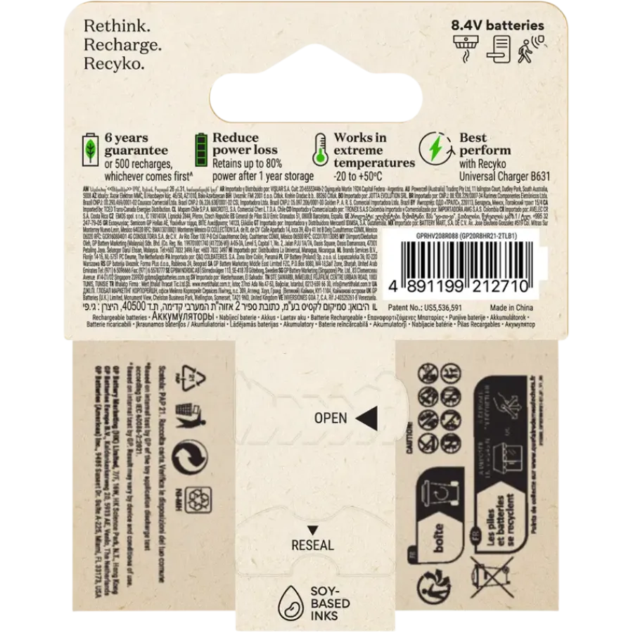 Batterijen|Oplaadbare Batterijen > GP Batterij Oplaadbaar 9V NiMH 200mAh ReCyko 8,4V 1 Stuk