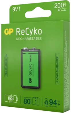 Batterijen|Oplaadbare Batterijen > GP Batterij Oplaadbaar 9V NiMH 200mAh ReCyko 8,4V 1 Stuk