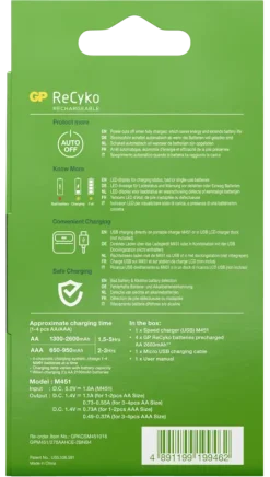Batterijladers > GP ReCyko+ USB Rapid Batterijlader incl. 4 AA Batterijen