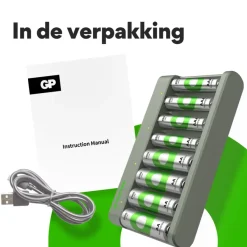Batterijladers > GP USB Batterijlader AA + AAA inc. Micro USB snoer en 4x AA + 4x AAA Batterijen