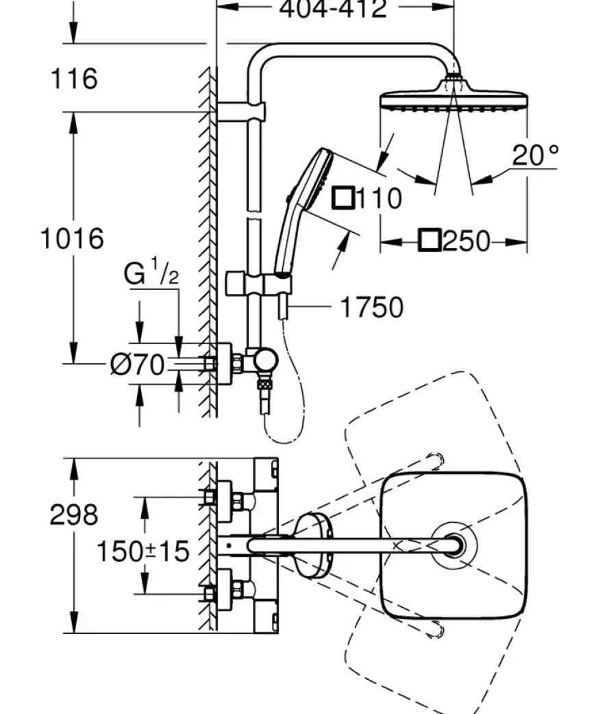 GROHE Vitalio Comfort 250 douchesysteem met thermostaatkraan mat zwart