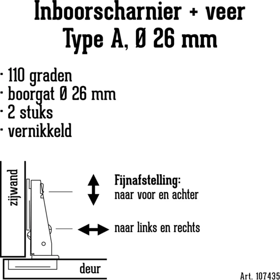 Scharnieren|Deurscharnieren > Handson Inboorscharnier met veer Type A (volledig opliggend) 26 mm - 2 stuks