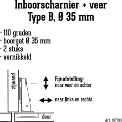 Scharnieren|Deurscharnieren > Handson Inboorscharnier met veer Type B (half opliggend) 35 mm - 2 stuks