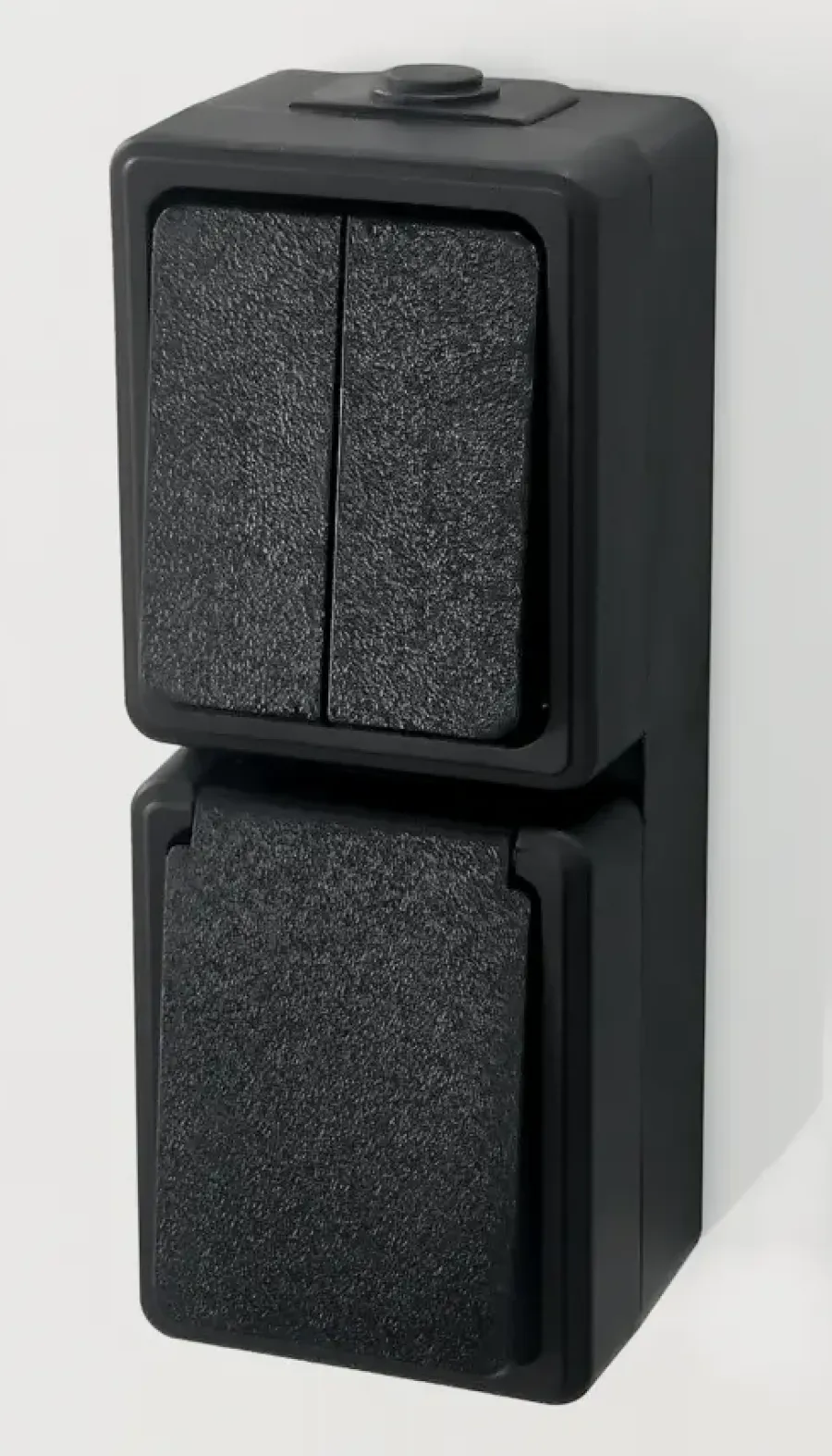 Buiten Schakelmateriaal|Opbouw Schakelmateriaal > Handson opbouw combinatie stopcontact/serie schakelaar spatwaterdicht zwart