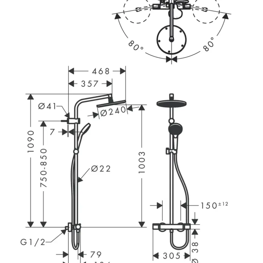 Hansgrohe regendoucheset MySelect S 240 met handdouche en thermostaatkraan 3 standen chroom