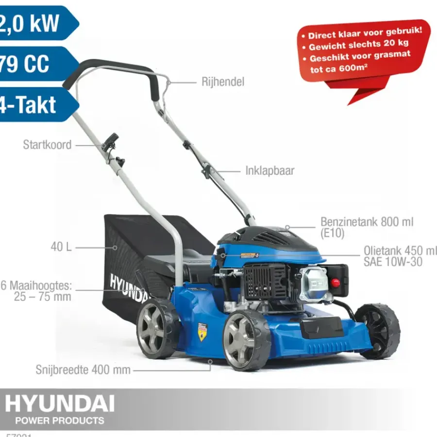 Grasmaaiers > Hyundai benzine grasmaaier 40cm 79,8cc