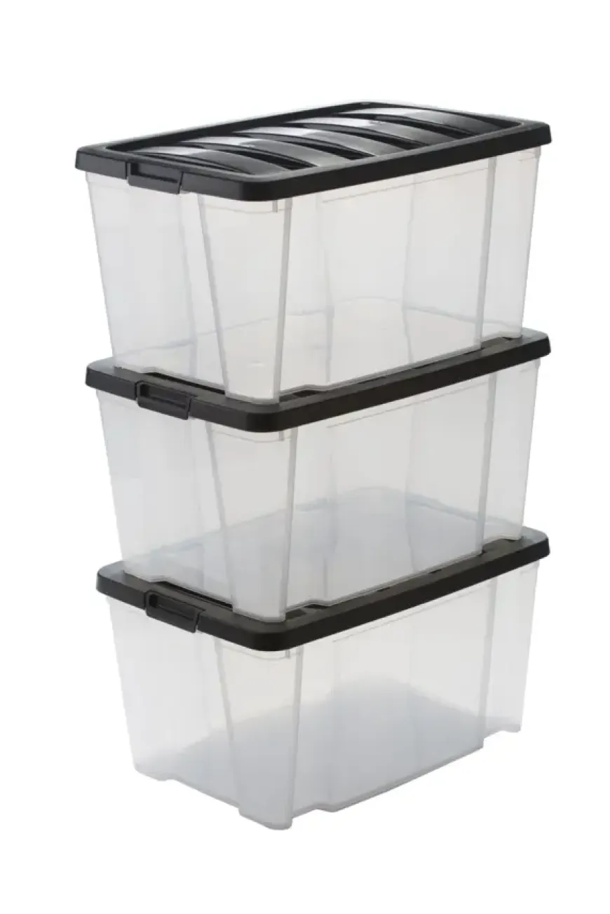 IRIS Handybox Opbergbox - 45L - Kunststof - Transparant/zwart - Set van 3