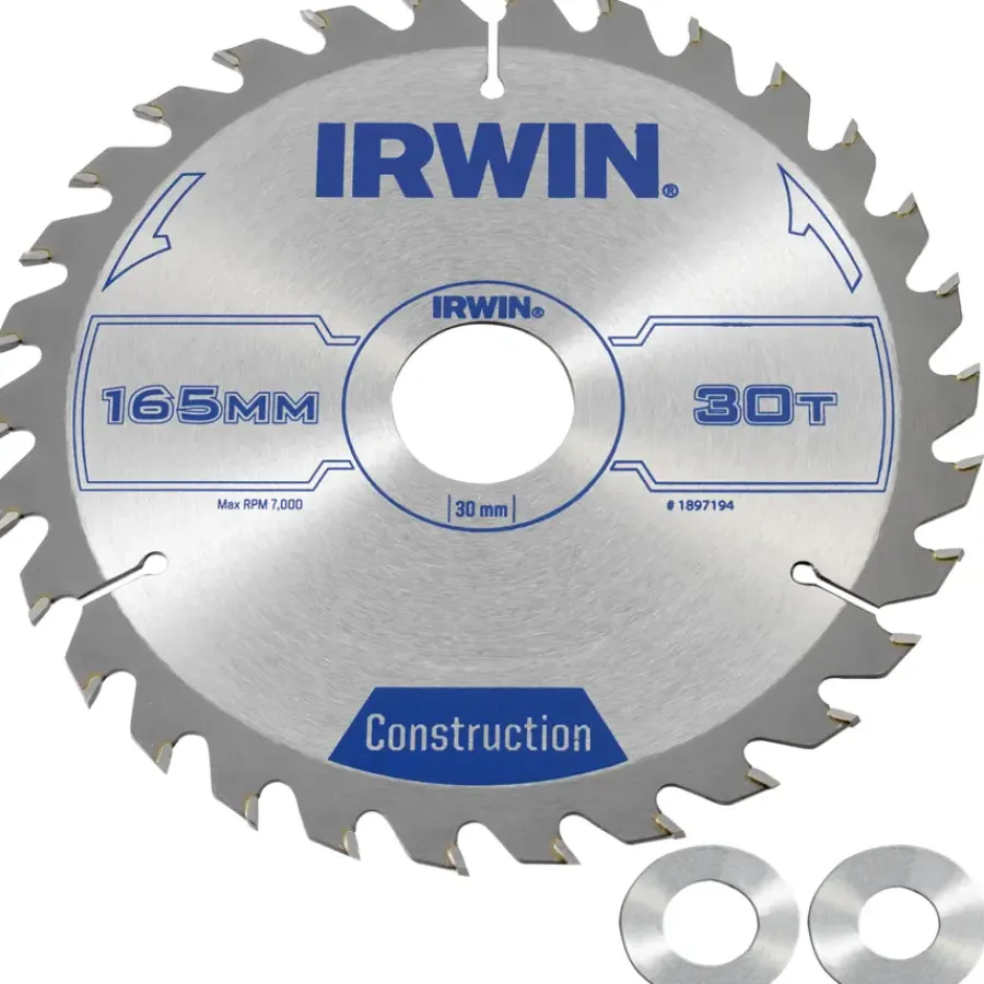 Zaagbladen > IRWIN cirkelzaagblad Ø165 mm. Inclusief reduceerringen waardoor geschikt voor asgat 16, 20 en 30 mm, vertanding 30T