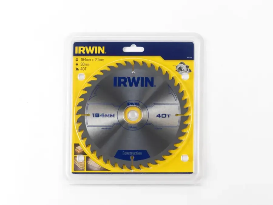 Zaagbladen > IRWIN cirkelzaagblad Ø184 mm. Inclusief reduceerringen waardoor geschikt voor asgat 16, 20 en 30 mm, vertanding 40T