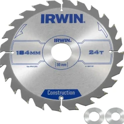 Zaagbladen > IRWIN cirkelzaagblad Ø184 mm. Inclusief reduceerringen waardoor geschikt voor asgat 16, 20 en 30 mm, vertanding 24T