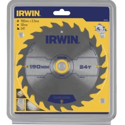 Zaagbladen > IRWIN cirkelzaagblad Ø190 mm. Inclusief reduceerringen waardoor geschikt voor asgat 16, 20 en 30 mm, vertanding 24T