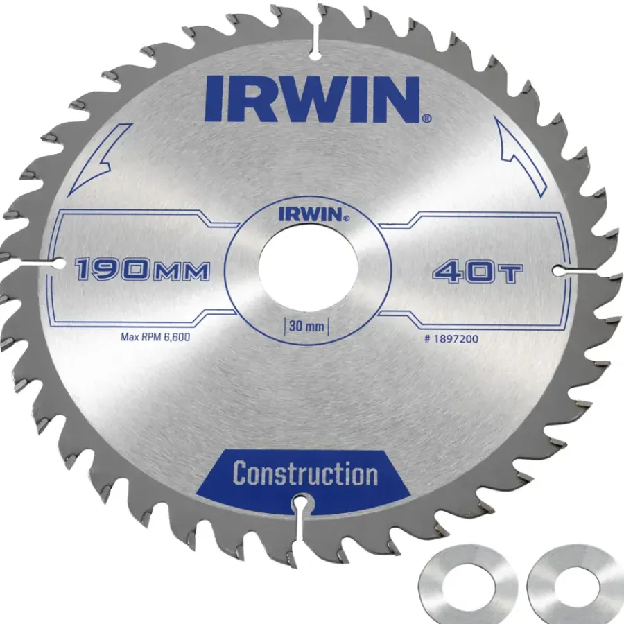Zaagbladen > IRWIN cirkelzaagblad Ø190 mm. Inclusief reduceerringen waardoor geschikt voor asgat 16, 20 en 30 mm, vertanding 40T