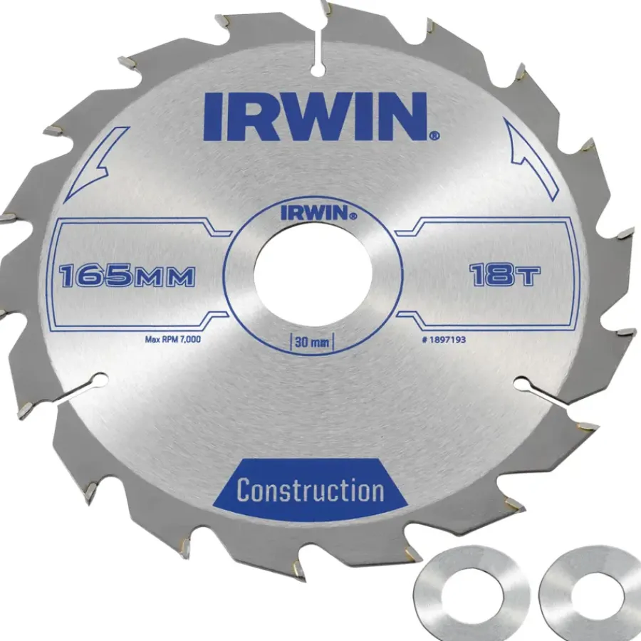 Zaagbladen > IRWIN cirkelzaagblad Ø165 mm. Inclusief reduceerringen waardoor geschikt voor asgat 16, 20 en 30 mm, vertanding 18T