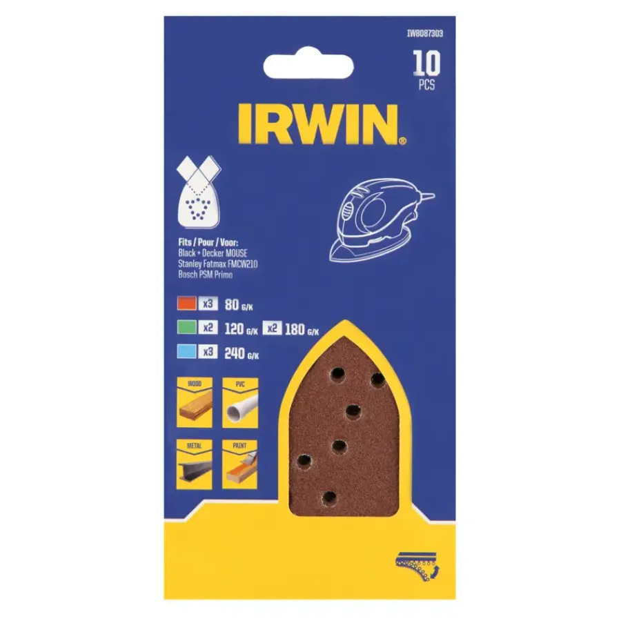 Schuuraccessoires > IRWIN 10-delige set schuurpapier t.b.v. Bosch Primo en Black+Decker Mouse K80/120/180/240