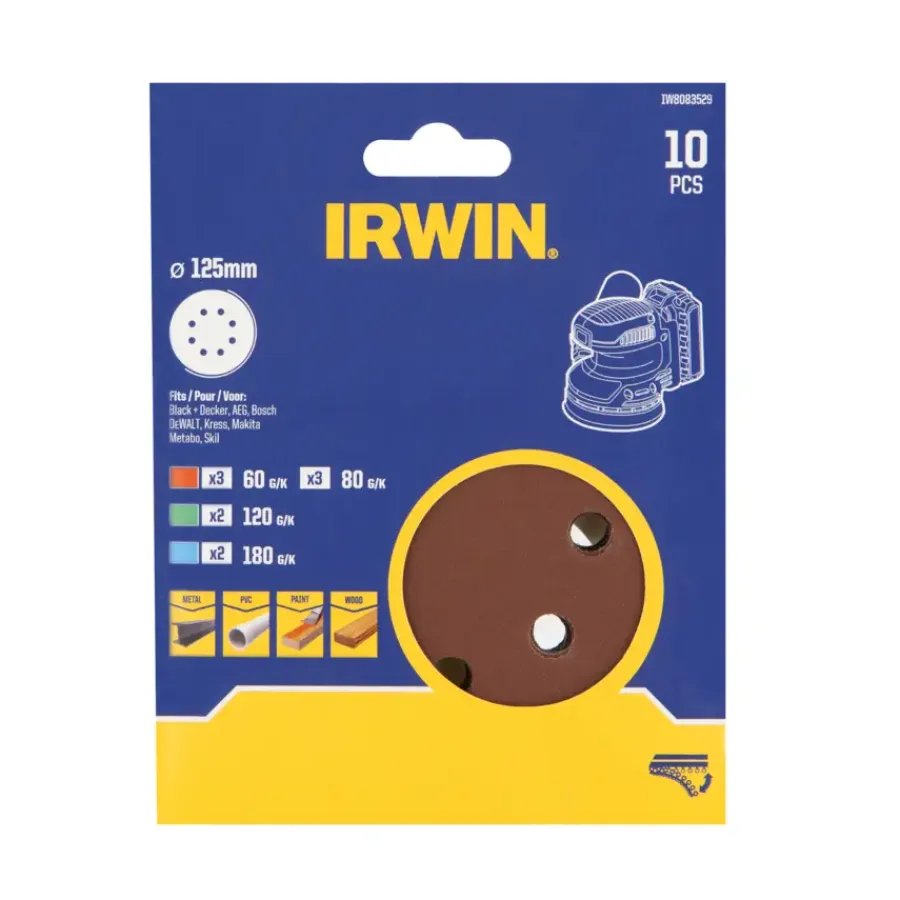 Schuuraccessoires > IRWIN 10-delige set schuurpapier (125mm) t.b.v. excentrische schuurmachine K60/80/120/180