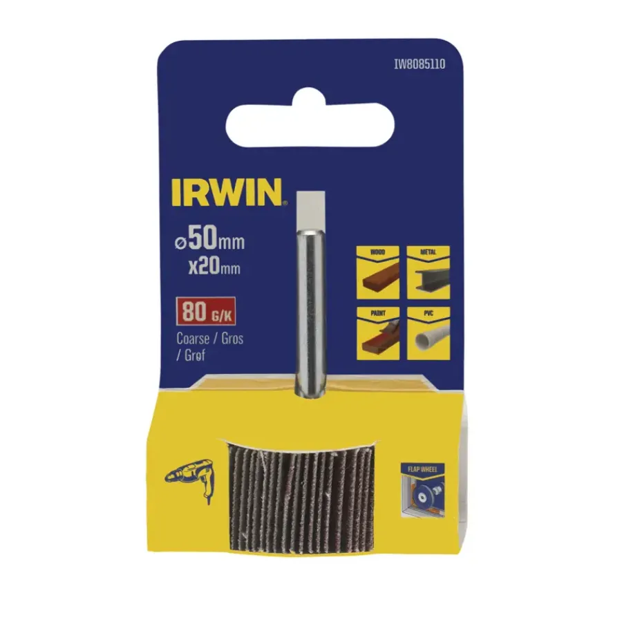 Schuuraccessoires > IRWIN lamellenschuurwiel voor (accu)boormachine. Ø50mm. Lengte 20 mm. Korrel 80.