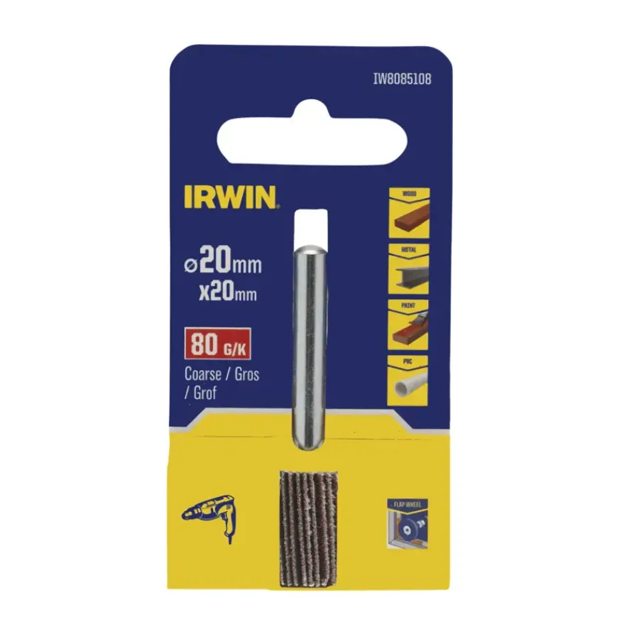 Schuuraccessoires > IRWIN lamellenschuurwiel voor (accu)boormachine. Ø20mm. Lengte 20 mm. Korrel 80.