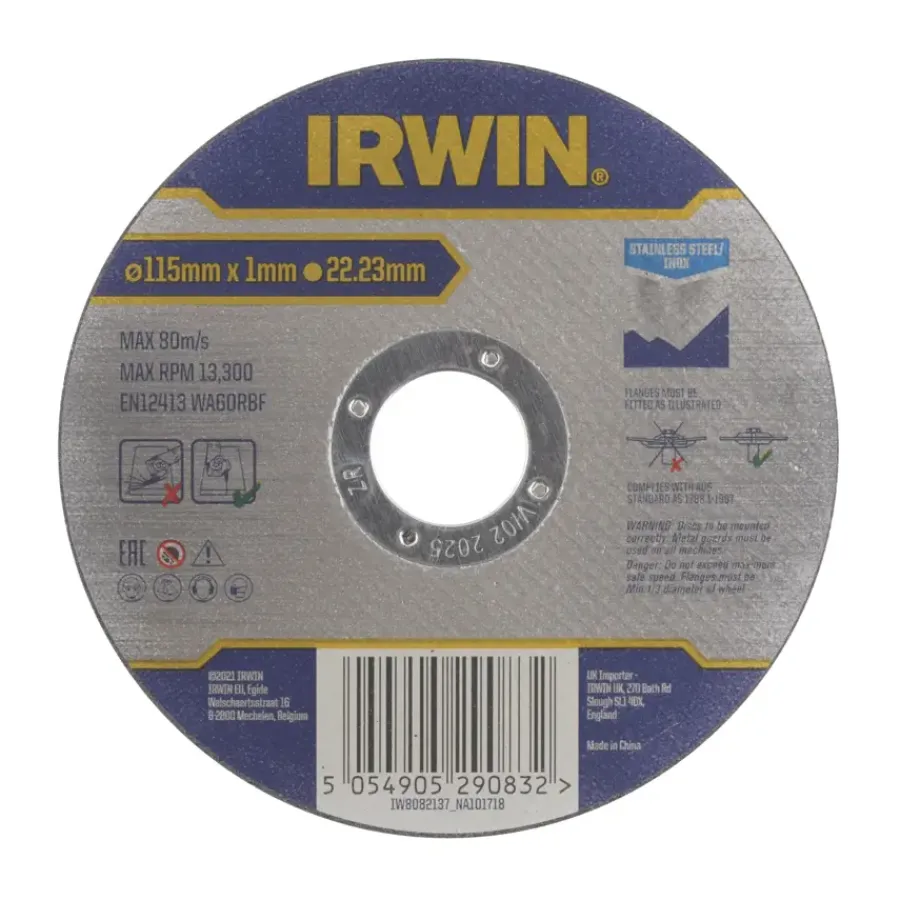 Slijpaccessoires > IRWIN Pro doorslijpschijf Ø115 mm. Dikte 1 mm. Voor RVS.