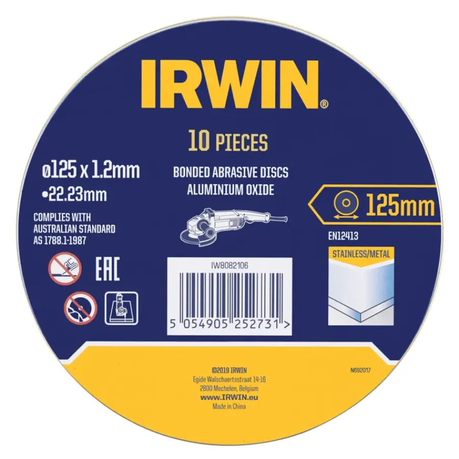 Slijpaccessoires > IRWIN Pro doorslijpschijven Ø125 mm. Dikte 1.2 mm. Voor metaal. 10 stuks in blik.