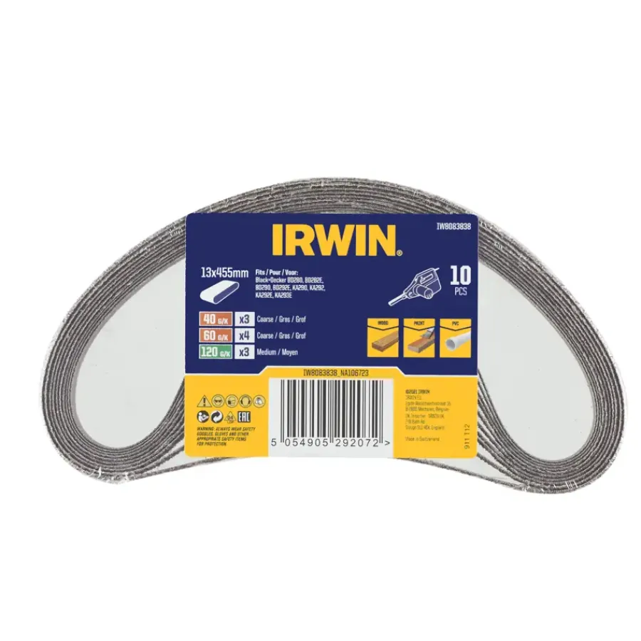 Schuuraccessoires > IRWIN schuurband 13 x 455 mm K40/K60/K120 voor B+D Powerfile KA900, 10 stuks