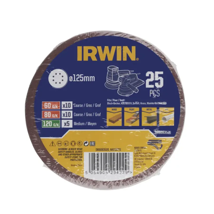 Schuuraccessoires > IRWIN schuurschijf rond Ø125 mm zelfhechtend K60/K80/K120/K180, 25 stuks
