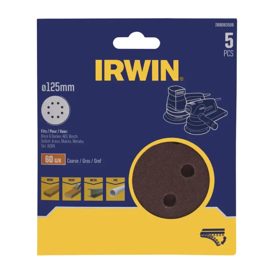 Schuuraccessoires > IRWIN schuurschijf rond Ø125 mm zelfhechtend K60, 5 stuks