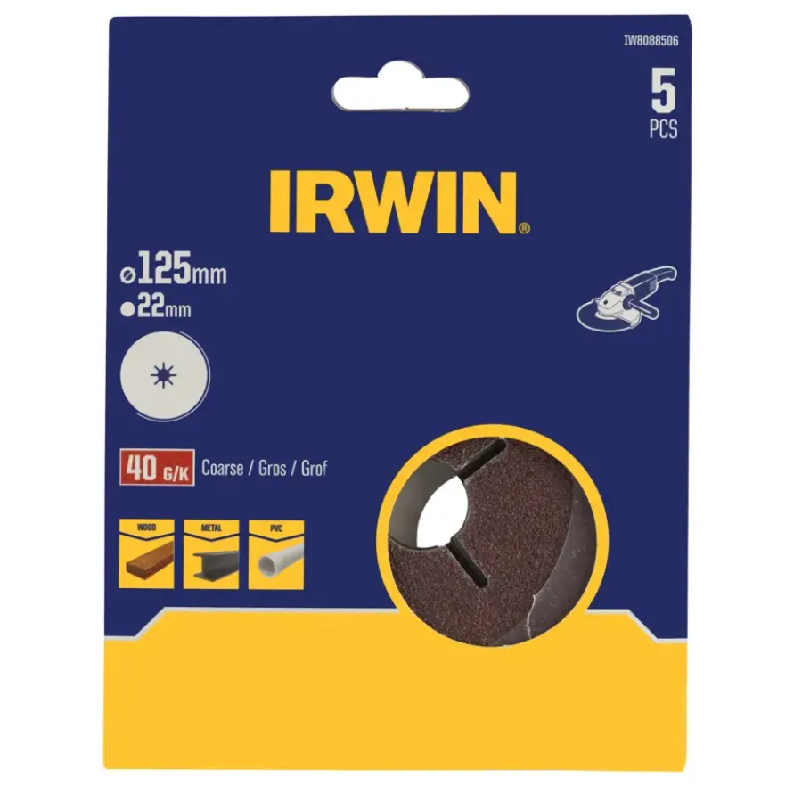 Schuuraccessoires > IRWIN schuurschijf voor haakse slijper Ø125 mm korrelgrootte K40 5 stuks