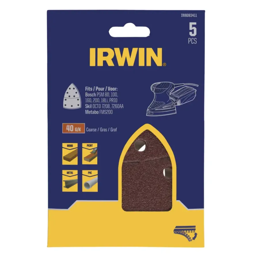 Schuuraccessoires > IRWIN schuurvel voor multischuurmachines Bosch PSM, Skil, Lux, Metabo, zelfklevend K40, 5 stuks