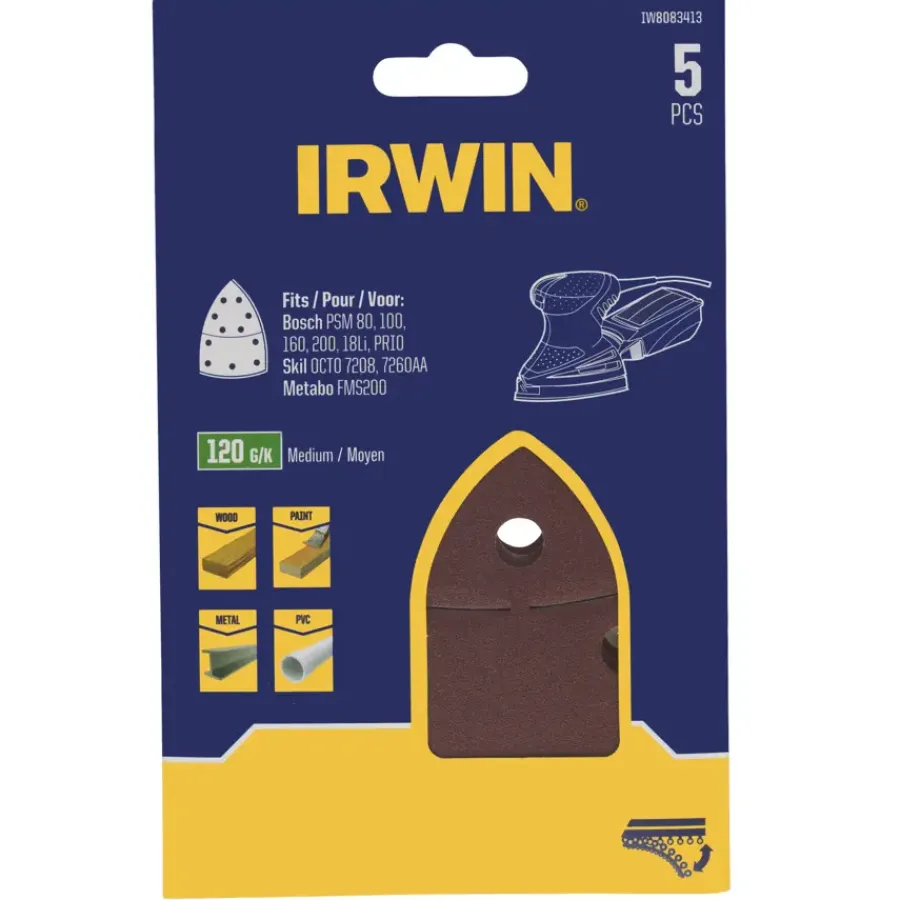 Schuuraccessoires > IRWIN schuurvel voor multischuurmachines Bosch PSM, Skil, Lux, Metabo, zelfklevend K120, 5 stuks