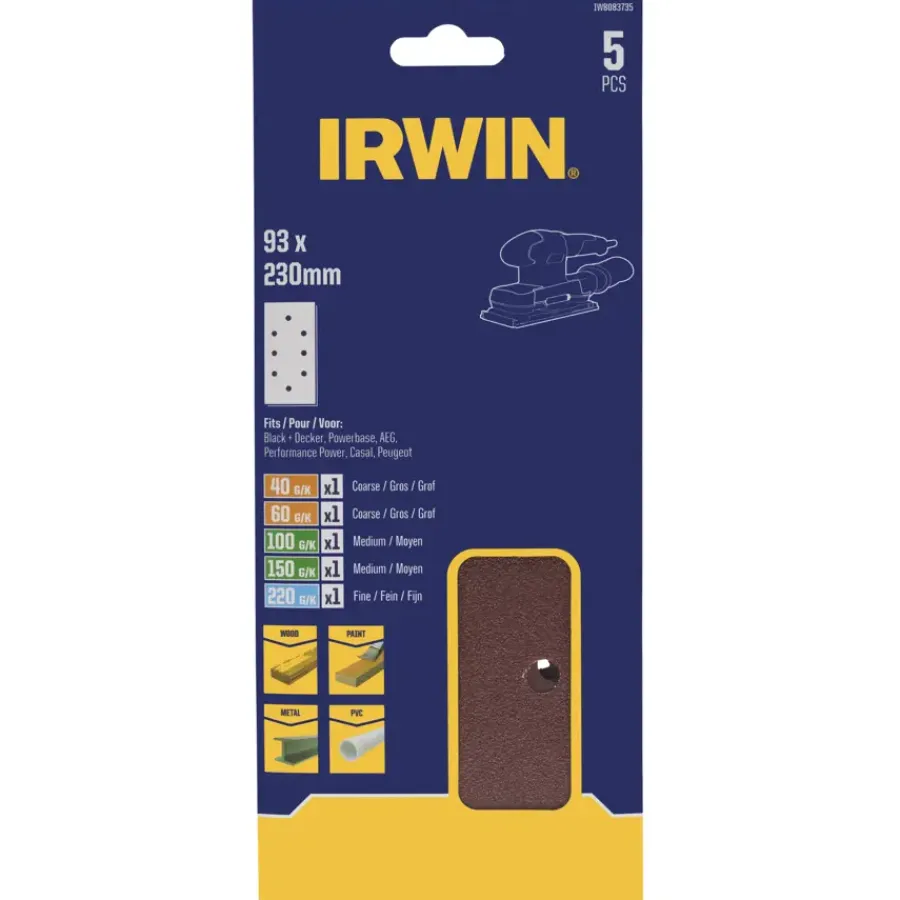 Schuuraccessoires > IRWIN schuurvel 230 x 93 mm K40/K60/K100/K150/K220 voor klembevestiging, met perforatie voor B+D, 5 stuks.