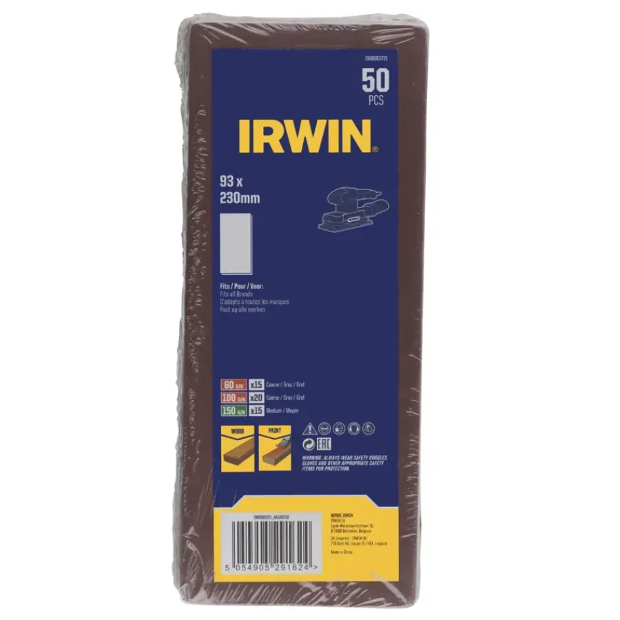 Schuuraccessoires > IRWIN schuurvel 230 x 93 mm K60/K100/K150 voor klembevestiging, zonder perforatie, 50 stuks.