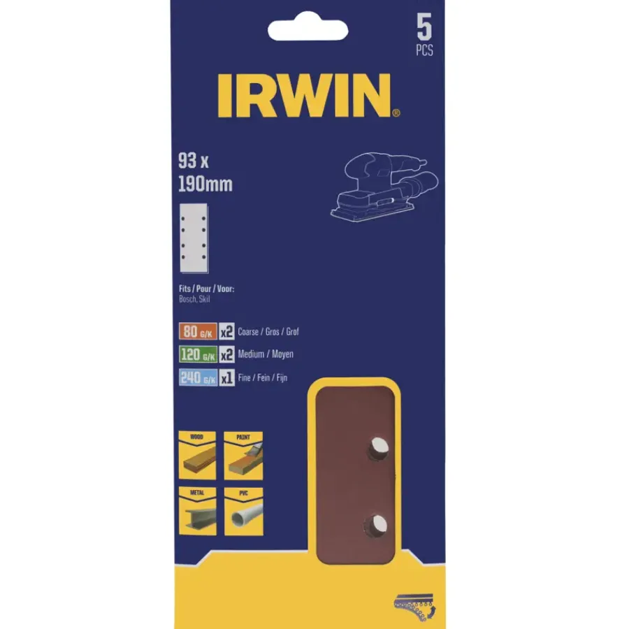 Schuuraccessoires > IRWIN schuurvel 190 x 93 mm K80/K120/K240 zelfhechtend, met perforatie voor Bosch, Skil, Gamma, Makita, Metabo, 5 stuks.