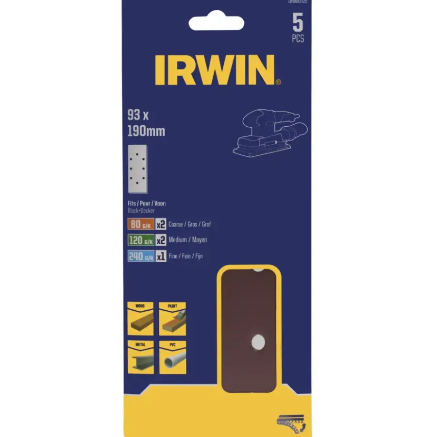 Schuuraccessoires > IRWIN schuurvel 190 x 93 mm K80/K120/K240 zelfhechtend, met perforatie voor B+D, 5 stuks.